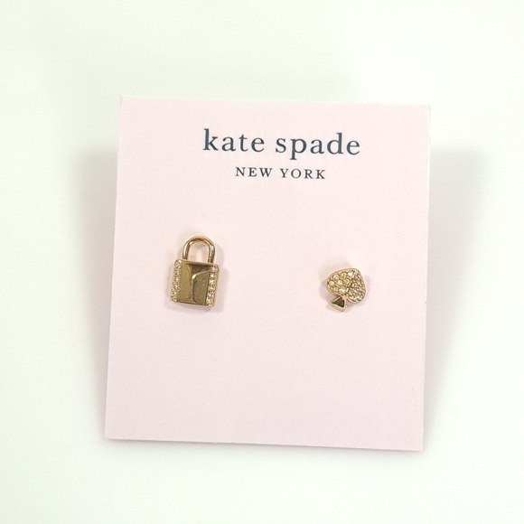 Kate Spade Lock & Spade Earrings Mismatch Stud NWT NEW Post Back Gold - Picture 4 of 10